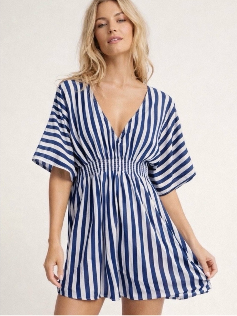 Onia Alessandra Caftan Blue & White Striped Beach Cover Up Dress Smocked Waist S